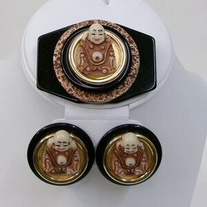 Vintage Tammy Designs Molded Buddha on Bakelite Brooch & Clip Earrings Set